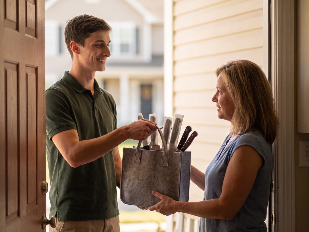 Handing a bag of freshly sharpened knives back to a customer at their front door